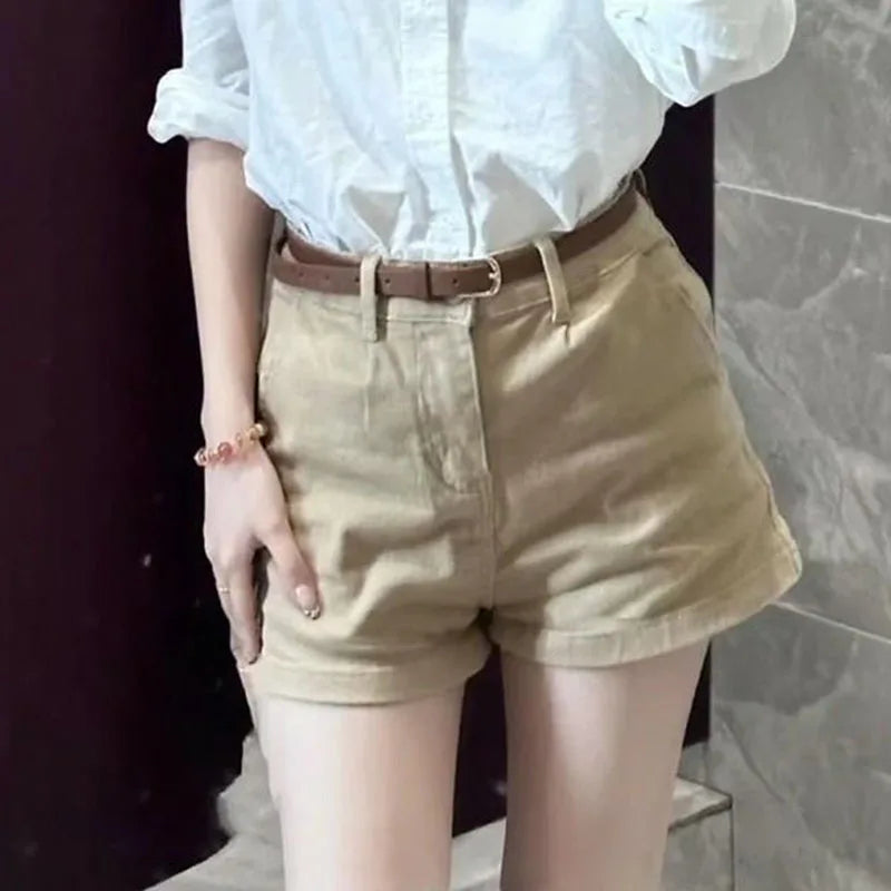 Khaki Casual Shorts for Women Summer All-Match Stretch Denim Straight Shorts Ladies Korean Simple with Belt Hot Short Pants
