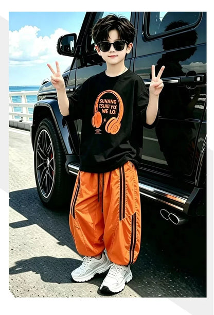 Street Style Children Luxury Summer Outfit Top And Bottom Set for Teen Boys T-shirt Pants Suit Kids Fashion Streetwear Clothes