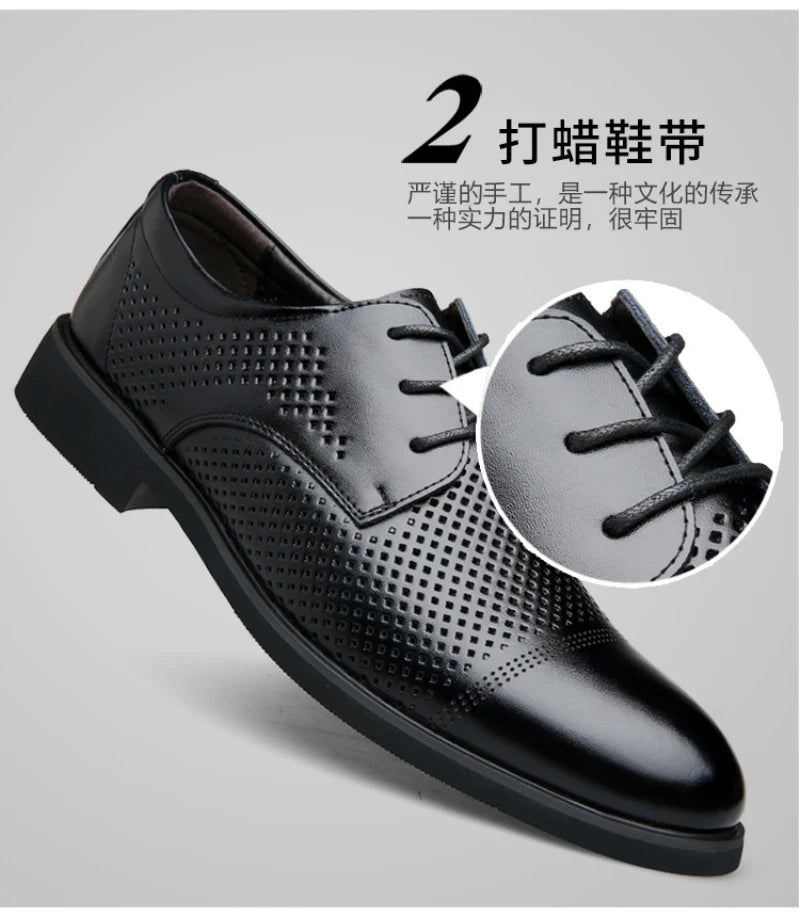 Mens Black Genuine Leather Perforated Cap Toe Lace Up Formal Business Oxford Shoes Breathable Summer Office Casual Dress Shoes