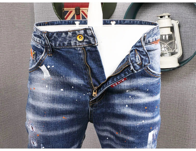 Fashion Streetwear Men Jeans Retro Black Blue Elastic Slim Fit Ripped Jeans Men Spliced Designer Embroidery Hip Hop Denim Pants