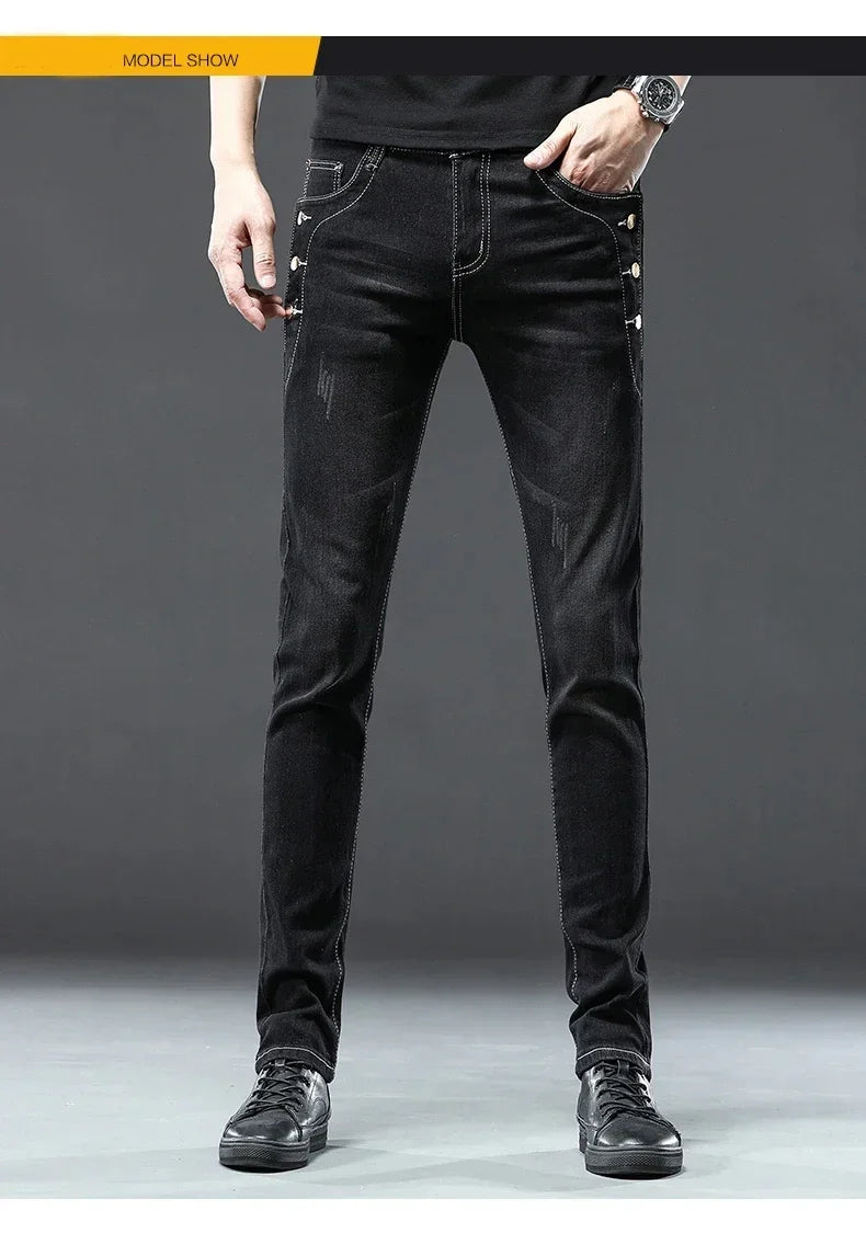 Men's Vintage Jeans Designer Korean Fashion Snowflake Wash Stretch Straight Pencil Pants Classic Slim Male Denim Trousers