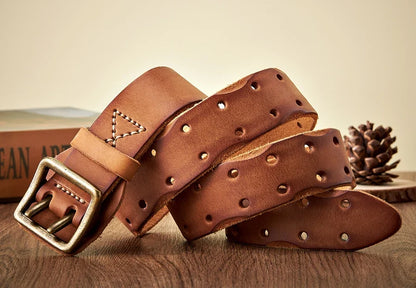 Thick Original Leather Belt Vintage Men Wide Belt Male Cowhide Real Genuine Leather Double Prong Buckle Strap Cowboy Jeans Belt