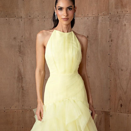 Customized Yellow Halter Neck Multi-Layered robes de soirée Mesh Fabric A-line Party Dresses Floor-Length Prom Dress 2025