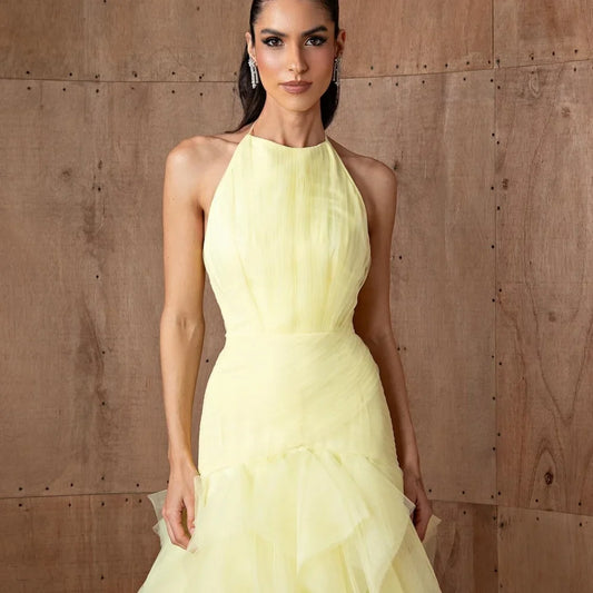 Customized Yellow Halter Neck Multi-Layered robes de soirée Mesh Fabric A-line Party Dresses Floor-Length Prom Dress 2025