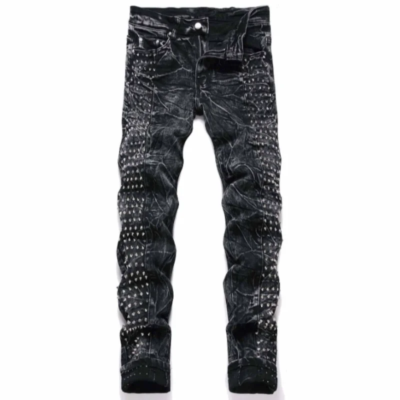 2025 Four Seasons New Retro Punk High Street Trendy Black Washed Outdated Slimming and Outdated Willow Nail Men's Jeans