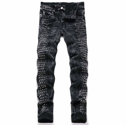 2025 Four Seasons New Retro Punk High Street Trendy Black Washed Outdated Slimming and Outdated Willow Nail Men's Jeans