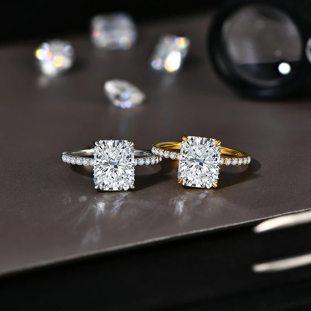Bagues moissanite ATTAGEMS classiques taille radiant 4 carats en cuivre plaqué or avec halo caché, bague de fiançailles pour elle