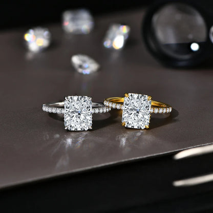 Bagues moissanite ATTAGEMS classiques taille radiant 4 carats en cuivre plaqué or avec halo caché, bague de fiançailles pour elle