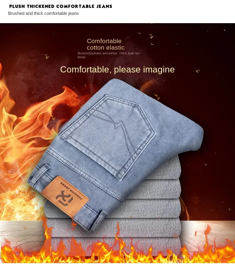 Winter Fleece Thick Warm Jeans Classic Brand Business Casual Men's Fitted Straight Stretch Mid-high Waist Denim Jeans