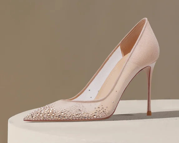 New Baotou sexy sandals with one buckle and summer mesh, rhinestone high heels for women, slim heels, shallow mouth