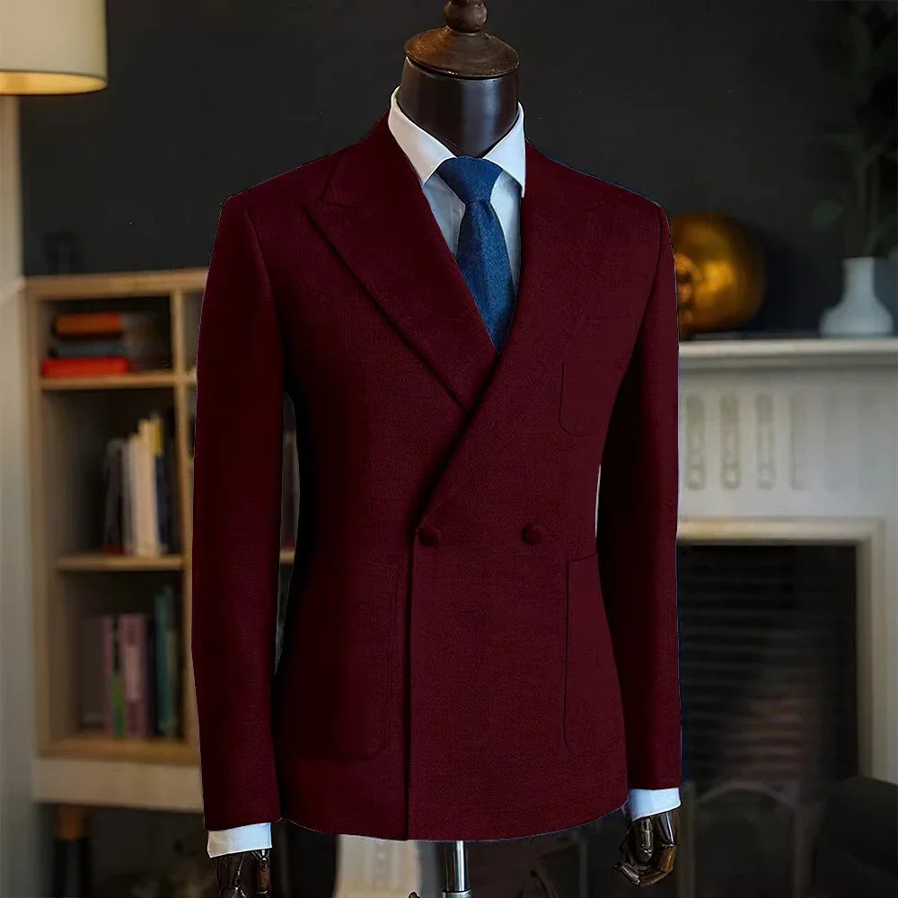 Luxury Men's Classic Suit Blazer Linen Double Breasted Notch Lapel Formal Groom Wedding Dress Jacket Lightweight Sport Coat