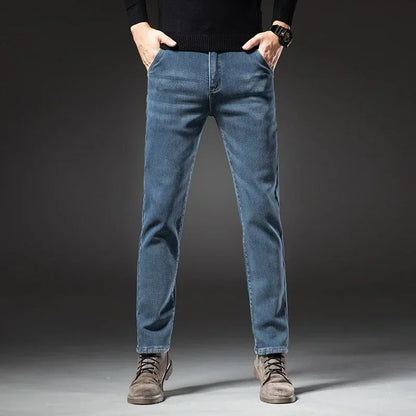 2025 Winter New Men's Fleece Thickened Jeans Retro Blue Hot Straight Casual Pants Stretch Premium Velvet Warm Denim Pants