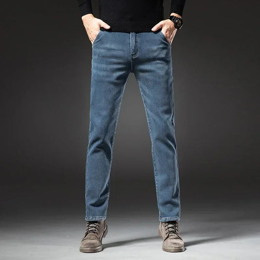 2025 Winter New Men's Fleece Thickened Jeans Retro Blue Hot Straight Casual Pants Stretch Premium Velvet Warm Denim Pants