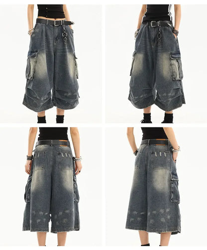 High Waist  Retro Blue Washed Denim Shorts Women's Harajuku Vintage Fashion Casual Loose Y2K Streetwear Wide Leg Cropped Pants
