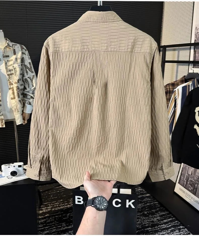 Casual Ice Silk Bubble Men's Anti-Wrinkle Summer Loose Fashionable Long Sleeve Shirt Urban Style Flip Collar Button Closure