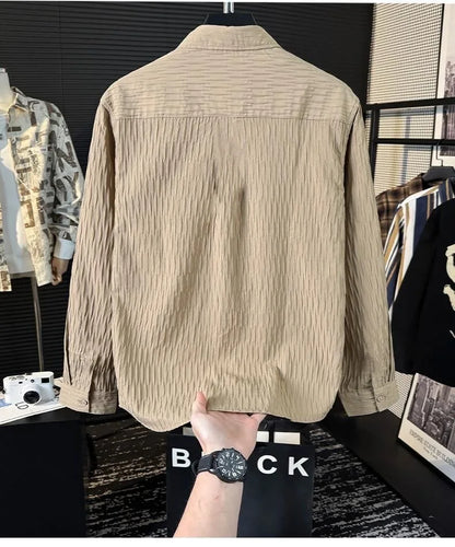 Casual Ice Silk Bubble Men's Anti-Wrinkle Summer Loose Fashionable Long Sleeve Shirt Urban Style Flip Collar Button Closure