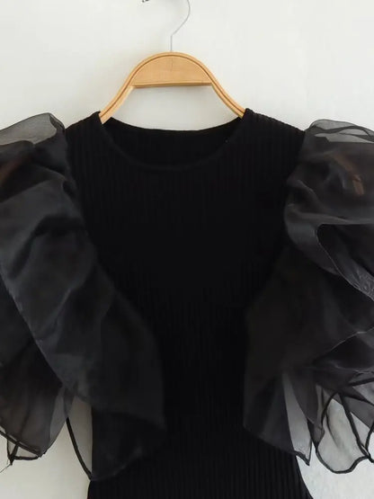 Women Fashion Black Ruffled Bodysuits Vintage O-Neck Sleeveless Female Chic Lady Tight Tops