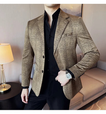 High Quality Meteor Grid Suit Jackets Men British Style Slim Fit Business Casual Fashion Blazers Formal Men Wedding Party Tuxeds