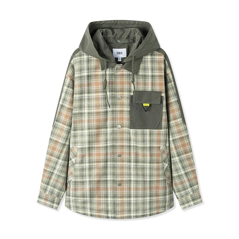 Outerwear Men 2024 Spring New Patchwork Contrast Color Checkered Top Detachable Hooded Fashionable