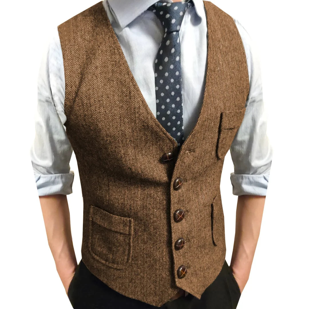 Men Vest Brown Herringbone Single Button V Neck Waistcoat For Wedding Party Business Work Office Daily Casual Men Suit Vest