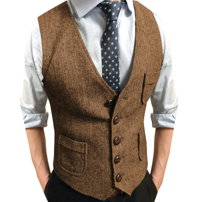 Men Vest Brown Herringbone Single Button V Neck Waistcoat For Wedding Party Business Work Office Daily Casual Men Suit Vest