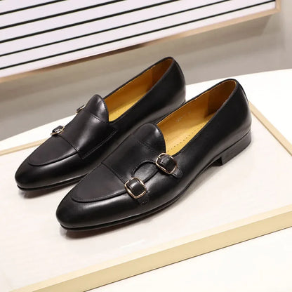 Men's Genuine Leather Loafers Handmade Monk Strap Casual Dress Shoes for Wedding Party Summer Autumn Footwear