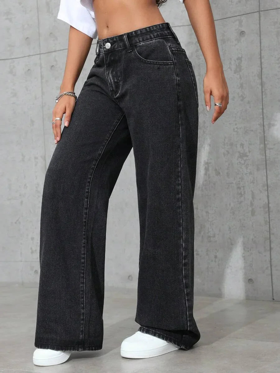 Plus Size Women's Wide Leg Jeans Washed Elastic Casual Loose Fit Ladies Denim Pants Comfortable Stretchy Trousers