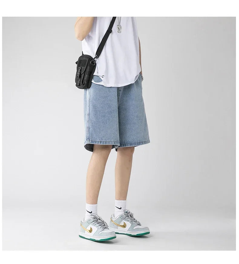 Wide Baggy Denim Shorts Men Summer Thin Solid Color Casual Loose Knee-length Pants Male Jeans Shorts Streetwear