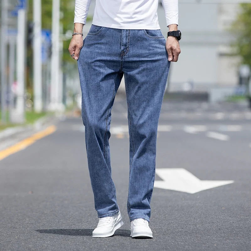 2026 New Autumn Men's Blue Straight-leg Jeans Business Casual Cotton Stretch Denim Pants Male Brand Plus Size 40 42 44