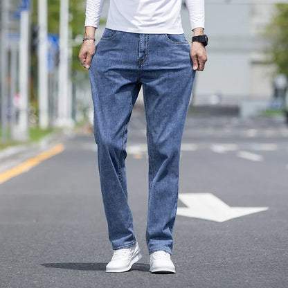 2026 New Autumn Men's Blue Straight-leg Jeans Business Casual Cotton Stretch Denim Pants Male Brand Plus Size 40 42 44