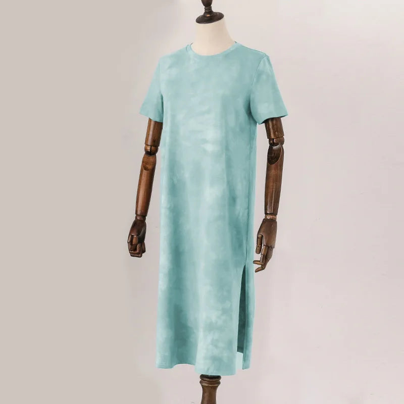 Original Casual 94% Cotton Summer Women's Dresses Solid Short Sleeve Spilt Long Midi Dress Fashion Sundress Female Clothing
