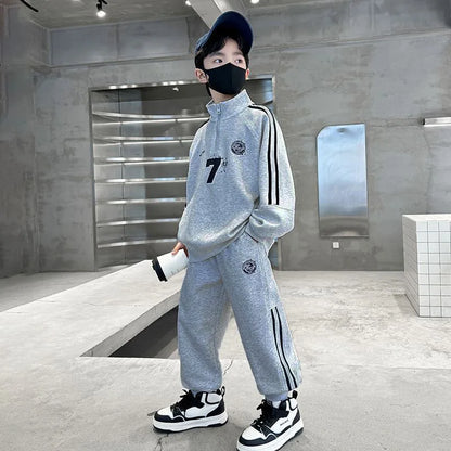 SpringAutumn Boys Cotton Half Zip Pullover Sweatshirt+Sweatpant Work Set School Kid 2PCS Tracksuit Children Jogger Outfit 5-16Yr