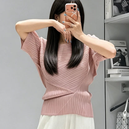 Miyake Pleated Top 2026 New Round Neck Short Sleeve Batwing T-Shirt Women Summer Lightweight Vacation Travel Women's Clothing