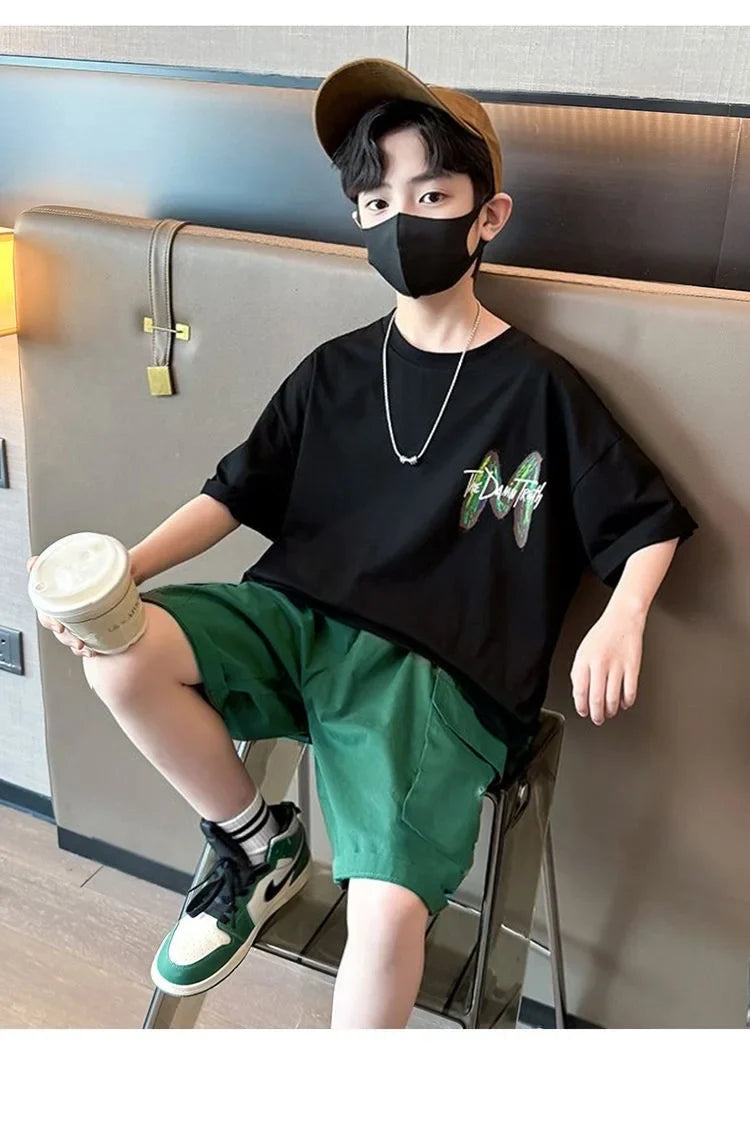 Summer Boys Cotton Leisure Loose Contrast Alphabet T-Shirt Top+Shorts Pant Set School Kids 2PCS Tracksuit Children Outfit 5-16Yr
