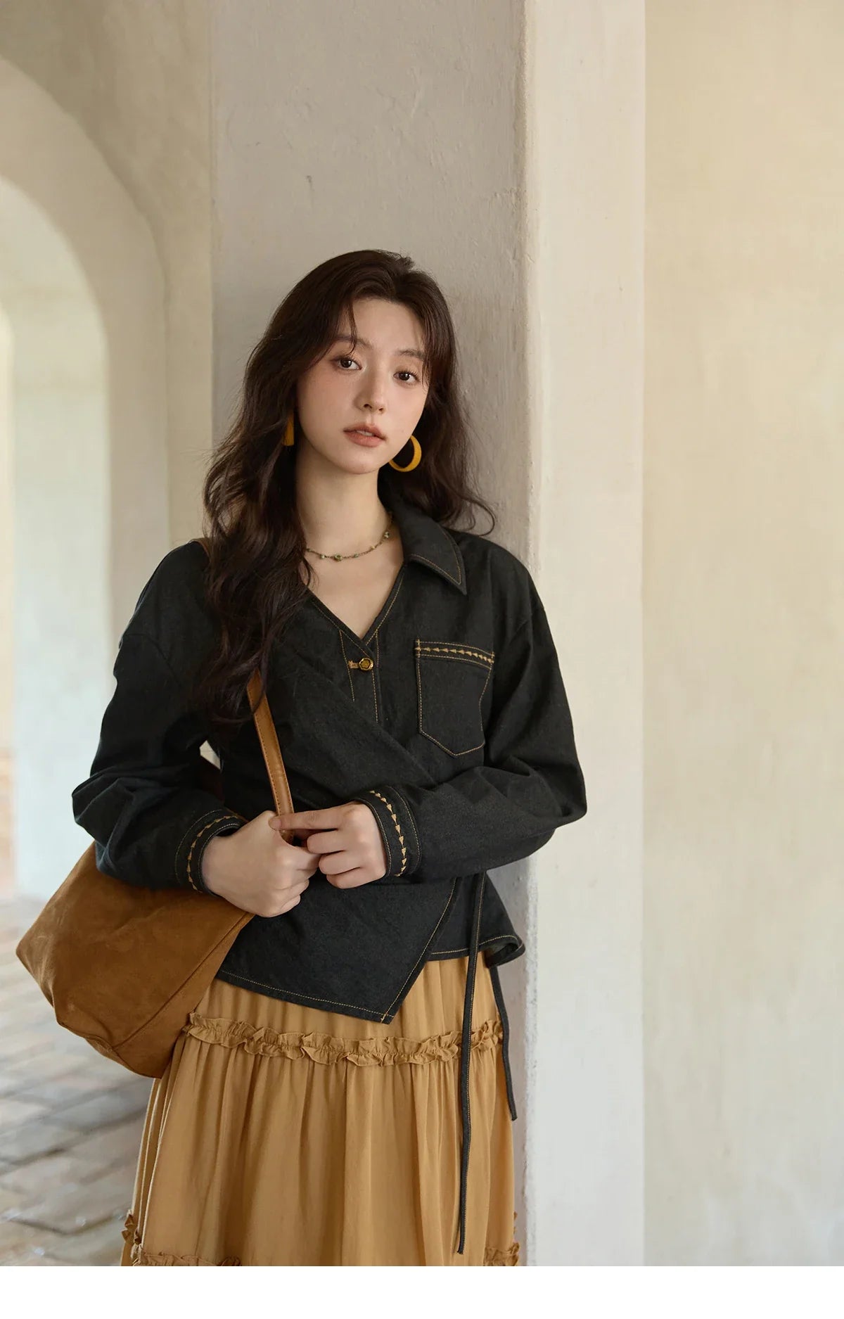 Autumn Retro Black Imitation Denim Shirt 2025 Side Lace-up Solid Shirts Lapel V-neck Retro Button Casual Tops MXE42C2374
