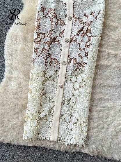 Classy Vintage Flower Lace Dress Office Lady Hollow Out Sashes Short Sleeve Bodycon French Senior Straight Long Dress