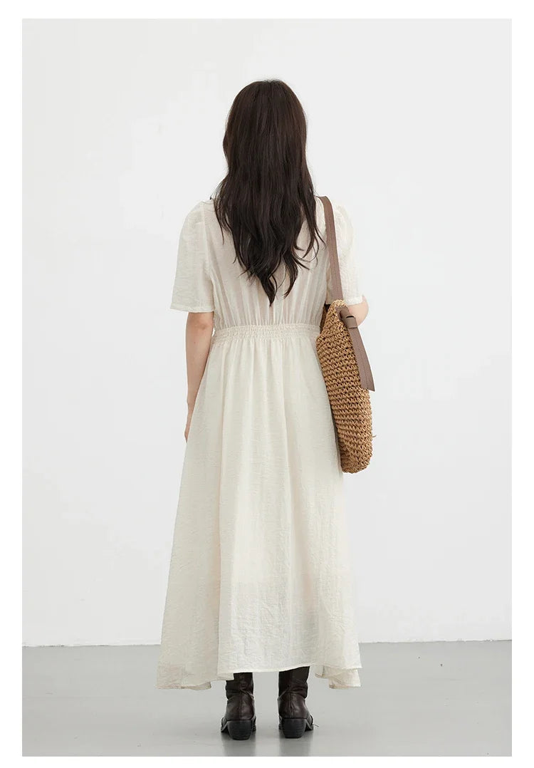 Women Dresses French Style Vintage V-neck Puff Sleeve Long Dress Solid Black Loose Female Clothing Summer New 2023