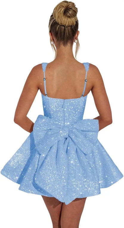 Square Collar Sequin Back To School Dress Spaghetti Strap Cocktail Gown Bow, Backless Elegant Princess Birthday Party Dance Gown