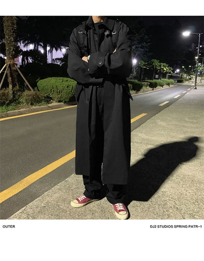 Spring Autumn Long Oversized Black Khaki Trench Coat Men Raglan Sleeve Single Breasted Loose Casual Korean Fashion
