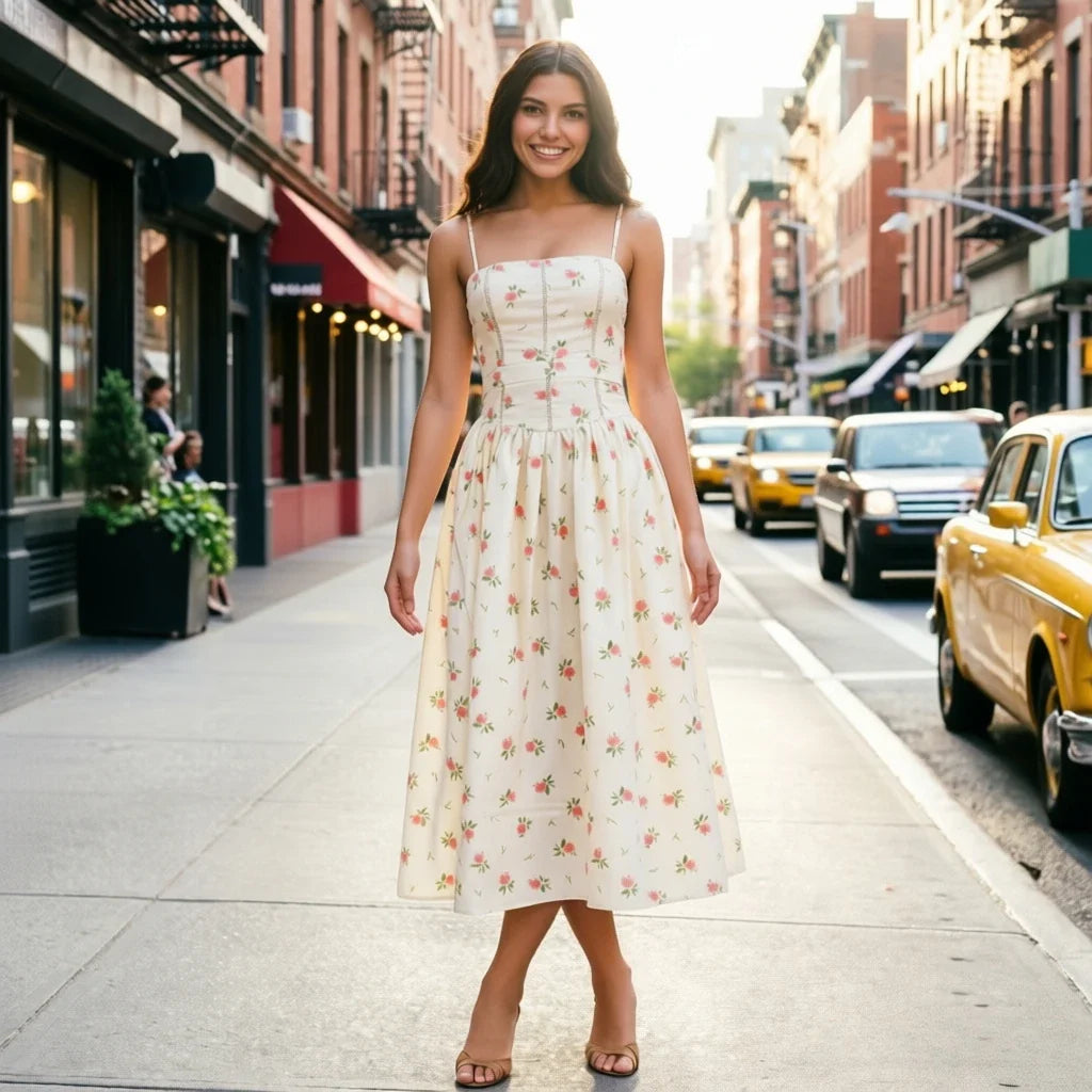 Summer Floral Print Dress Elegant 2025 New Arrivals Spaghetti Strap Flare Dress Maxi Holiday Party Dresses Women