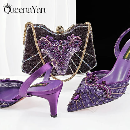 Med Heel Shoe for Women Hollowed Out Embroidery Rhinestone Italian Design Coffee Color Pointed-Toe Shoes and Bags Set