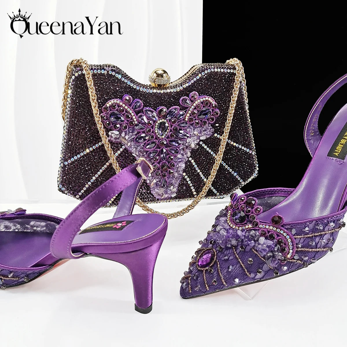 Women High Heel Party For Purple Color Shoes and Bag Set Rhinestone Handbag Italian Design Wedding INS 2025