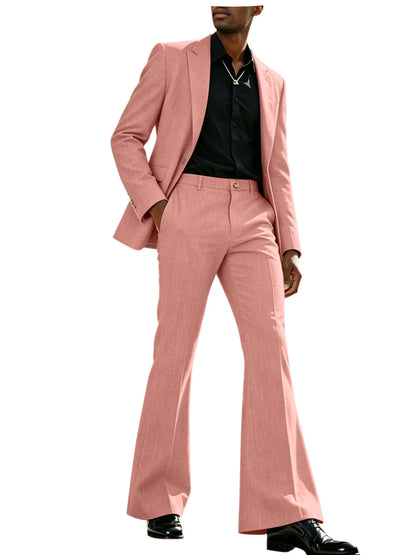 Vintage Men's Linen Suit 2 Piece Notch Lapel 2 Button Blazer Wide Leg Flare Pants Breathable Lightweight Set for Business Casual