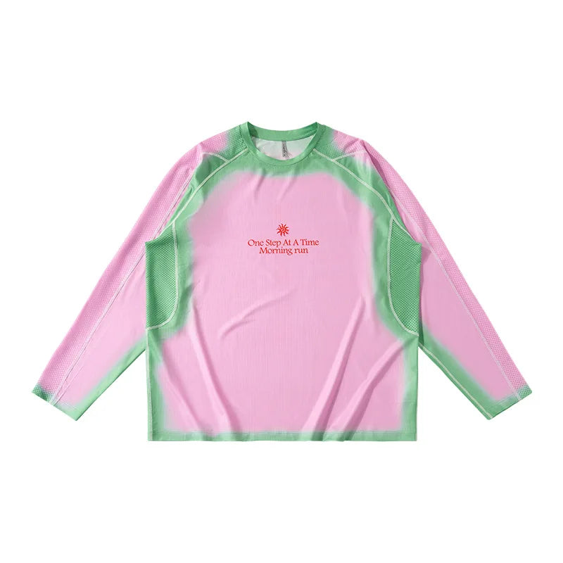 Men's Outdoor Running Long Sleeve T-Shirt Gradient Color Digital Print Quick Dry Breathable Sports Top Unisex
