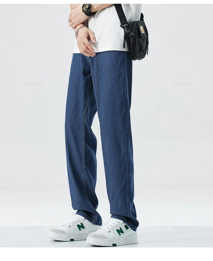 New Summer Thin Soft Lyocell Fabric Men's Jeans Classic Straight Denim Pants Work Wide Leg Casual Trousers Male Big Size 40 42