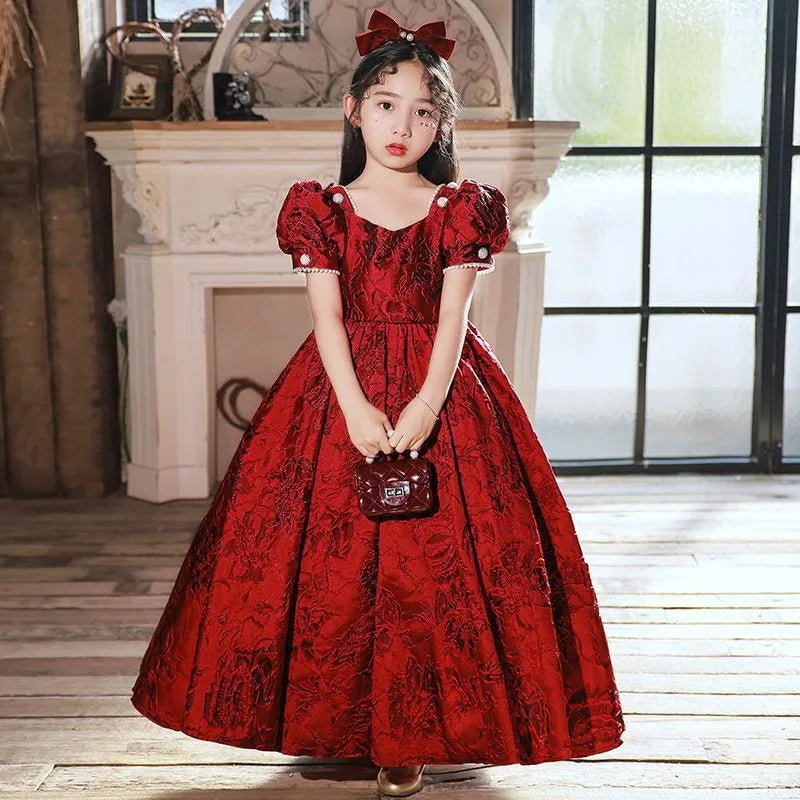 Classic Red Luxury Long Dresses For Girls Fashion Prom Host Elegant Costumes Formal Birthday Banquet Children High Quality Gowns