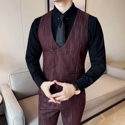 ( Vest + Pants) Double-breasted Striped With Pants Men Business Slim Fit Suit Vest 2 pieces Formal Groom Wedding Dress Vest