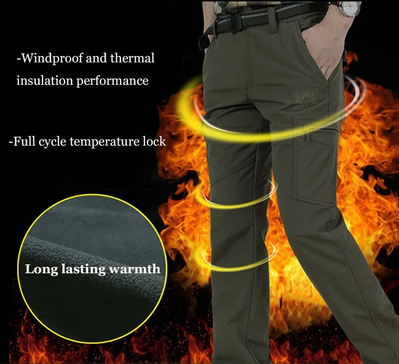 New Tactical Pants Men Winter Outdoor Work Casual Cargo Trousers Waterproof Fleece-lined Pants Elastic Hiking Traveling Workwear