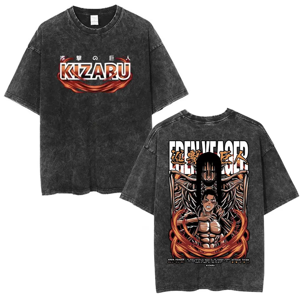 Anime Attack on Titan Washed T-Shirt Ackerman Mikasa Eren Jaeger Cherry Blossom Graphics Logo T Shirt Men Women Cotton T Shirts