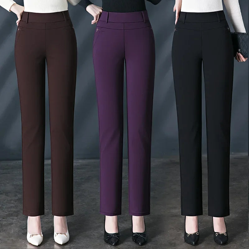 Black Women's High Waist Stretch Suit Pants, Fashion Slim Trousers, Purple Green Brown Pantalones, Asian Size M-6XL